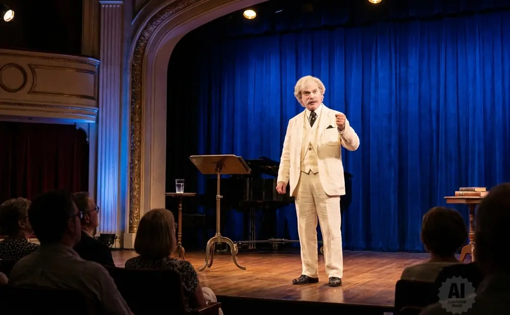 A man in a white suit gives a speech on a stage in front of blue curtains to an audience.