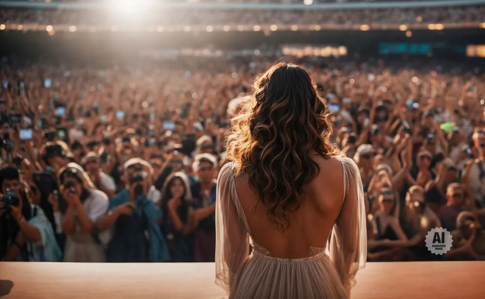 Woman in a light dress on stage facing a large, cheering crowd at a concert.
