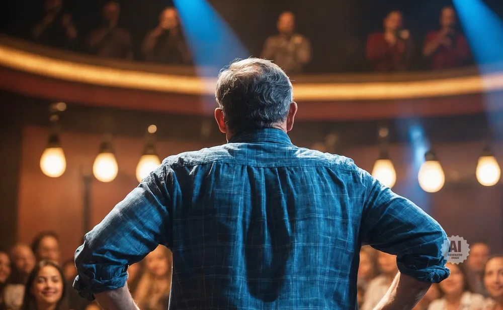 Man in plaid shirt addresses audience in dimly lit theater.
