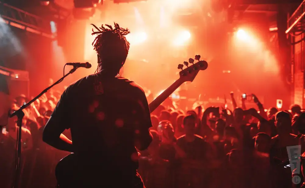 A guitarist with dreadlocks plays for a cheering crowd at a concert lit by red lights.