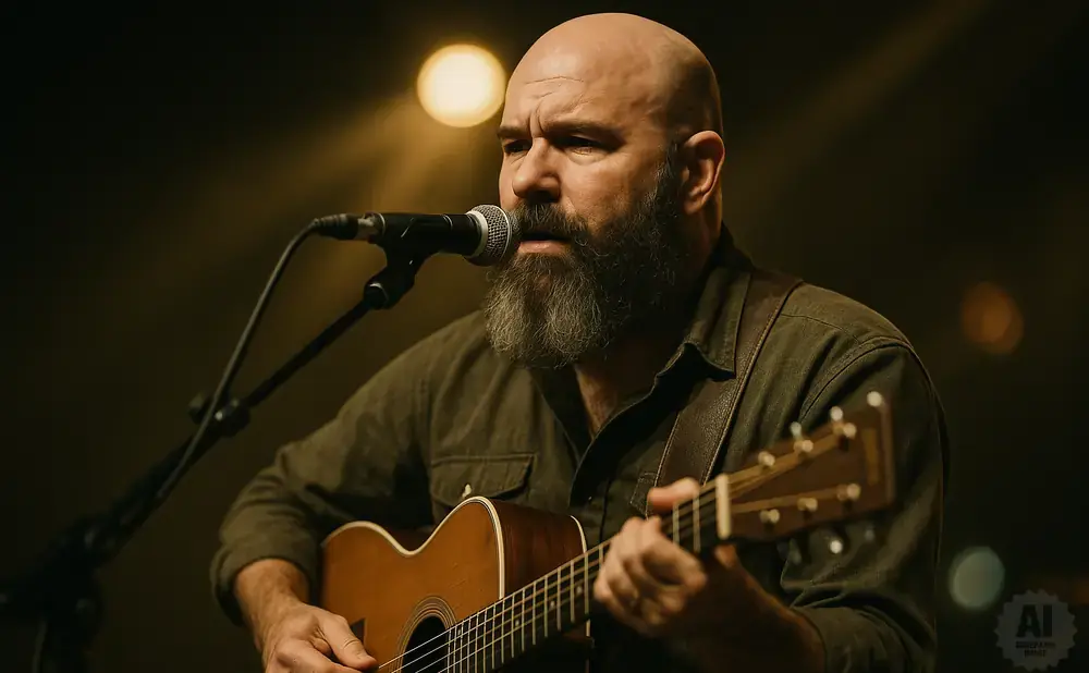 Bald man with a beard sings and plays an acoustic guitar in front of a microphone.