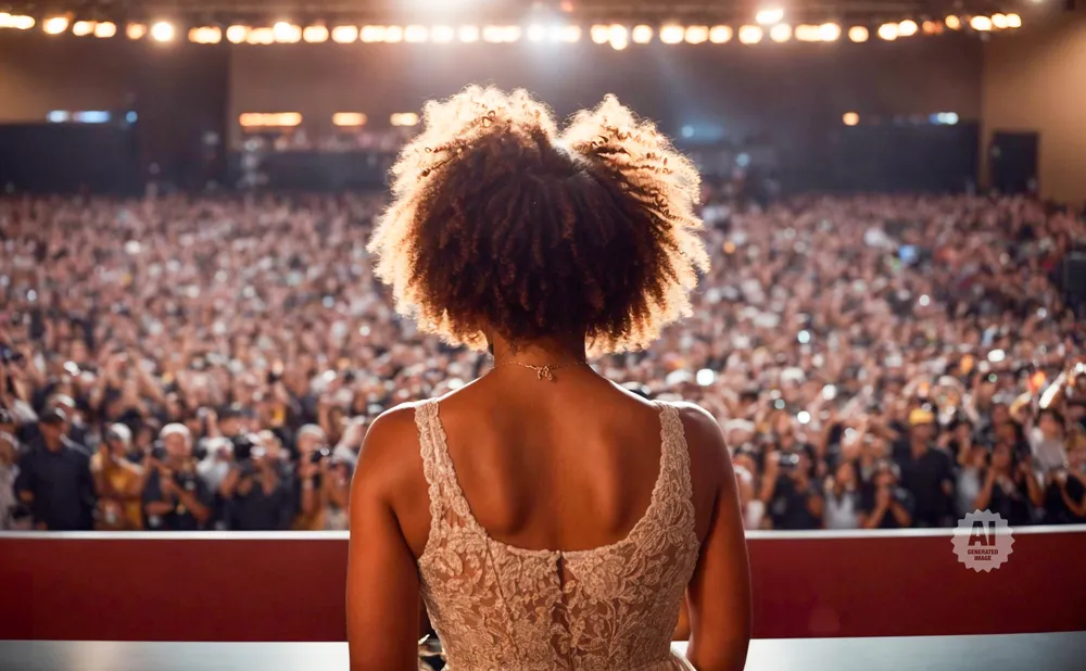 Woman with afro stands on stage facing a large, cheering audience, bathed in spotlight.
