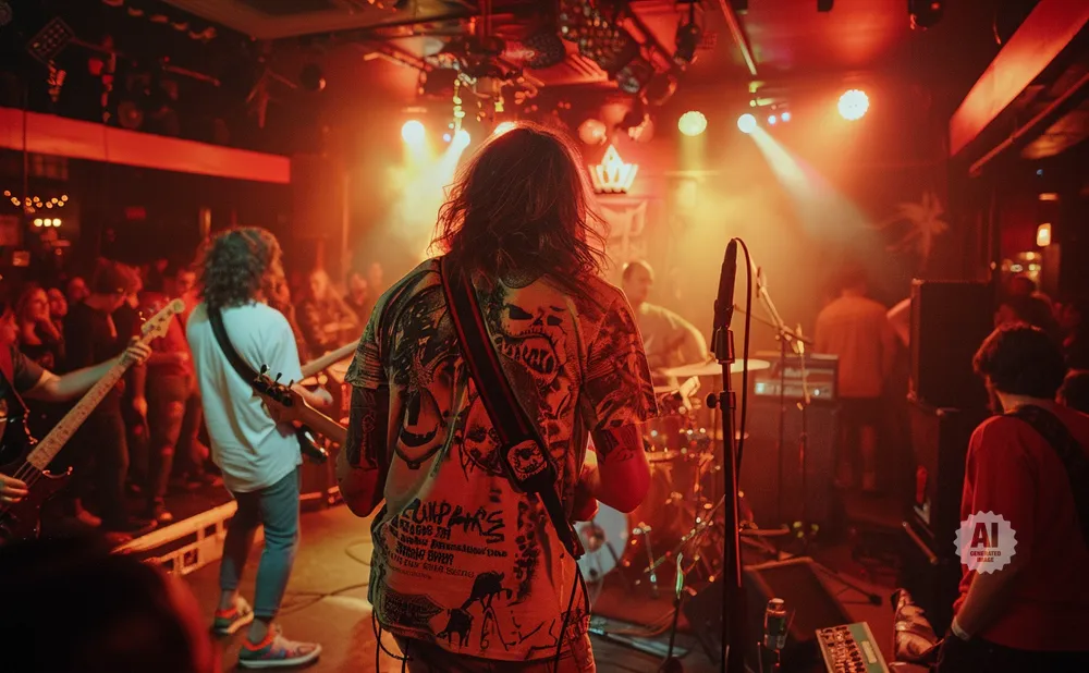 A band plays on a dimly lit stage, bathed in red and orange lights.