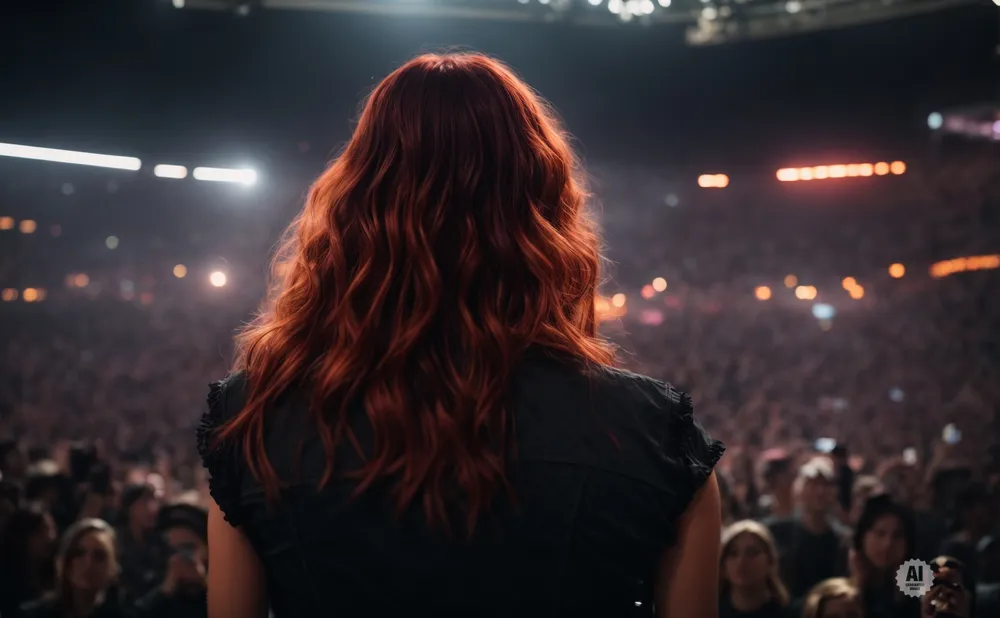 A woman with wavy red hair faces a large, blurred crowd at a concert.