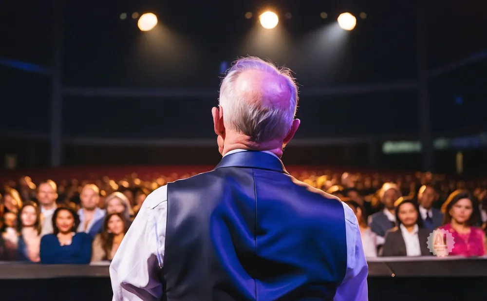 Man in vest on stage addressing an audience.