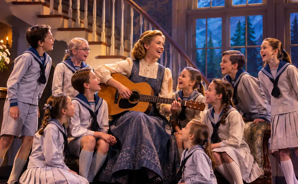 Woman plays guitar and sings with a group of children in sailor-style outfits.