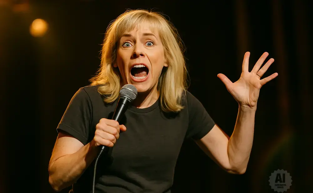 A woman with blonde hair and wide eyes holds a microphone and gestures with her open hand.