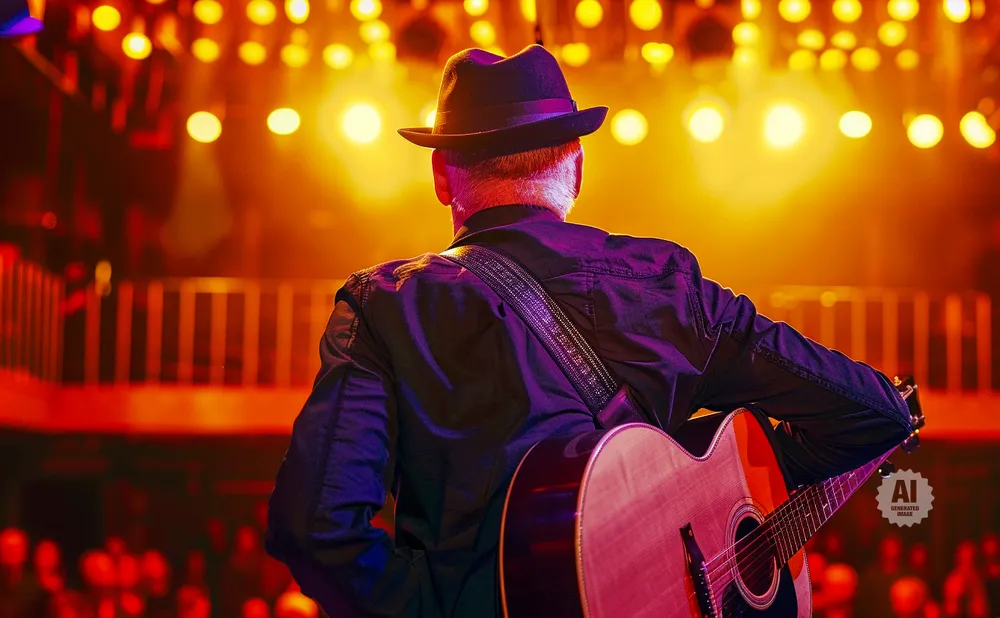 Man in hat playing guitar on stage with blurred audience and bright lights.