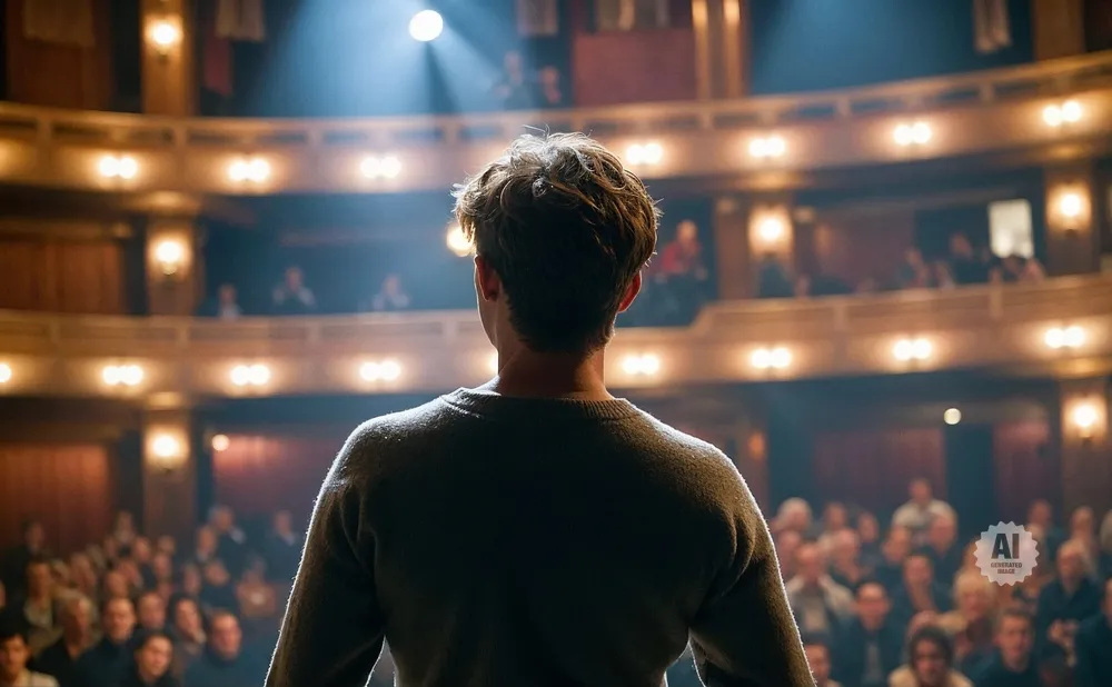 A young man stands on stage in a spotlight, facing an audience in a grand theater.