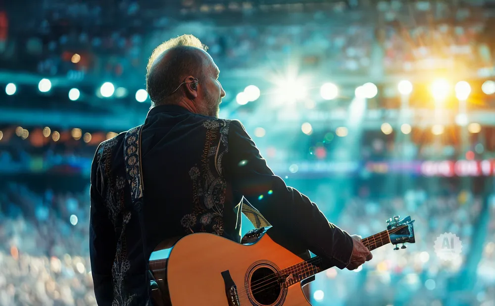 Man with guitar on stage, crowd in the background.