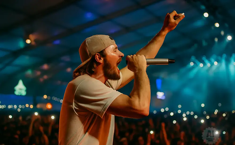 A man in a backwards baseball cap sings into a microphone on a brightly lit stage with a crowd in the background.