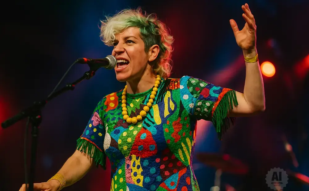 Singer with colorful hair and dress performs with a microphone and raised hand.