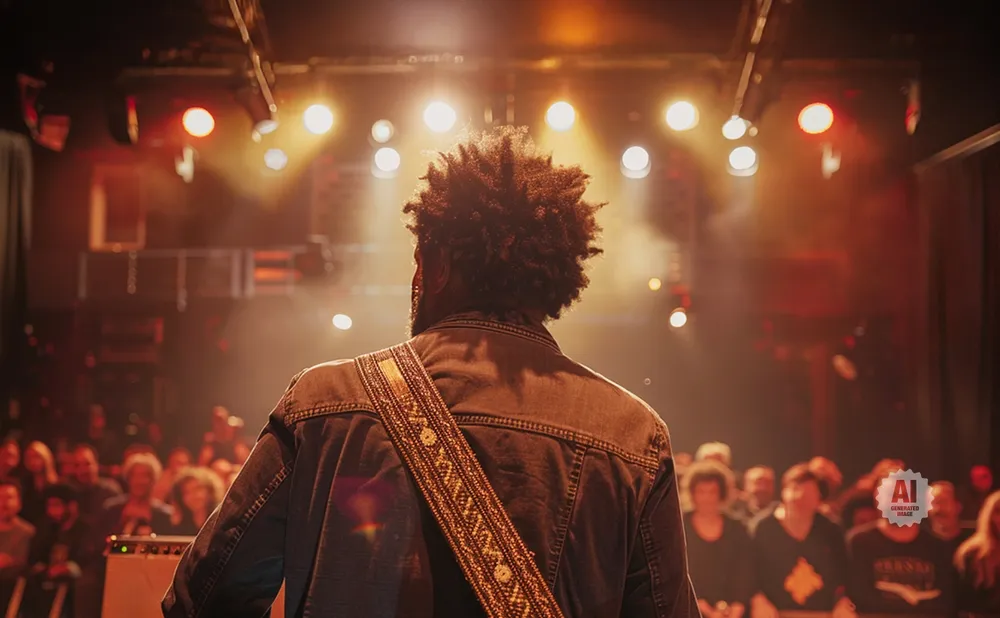 Musician on stage with afro, facing audience, bathed in stage lights.