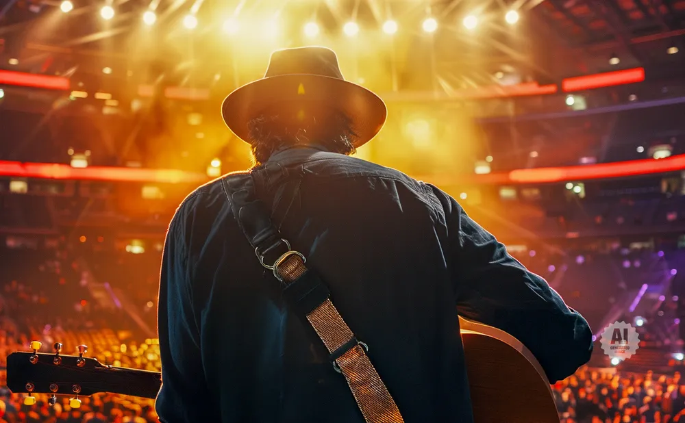 Musician wearing a hat plays guitar on stage, bathed in warm spotlight, facing a cheering crowd.