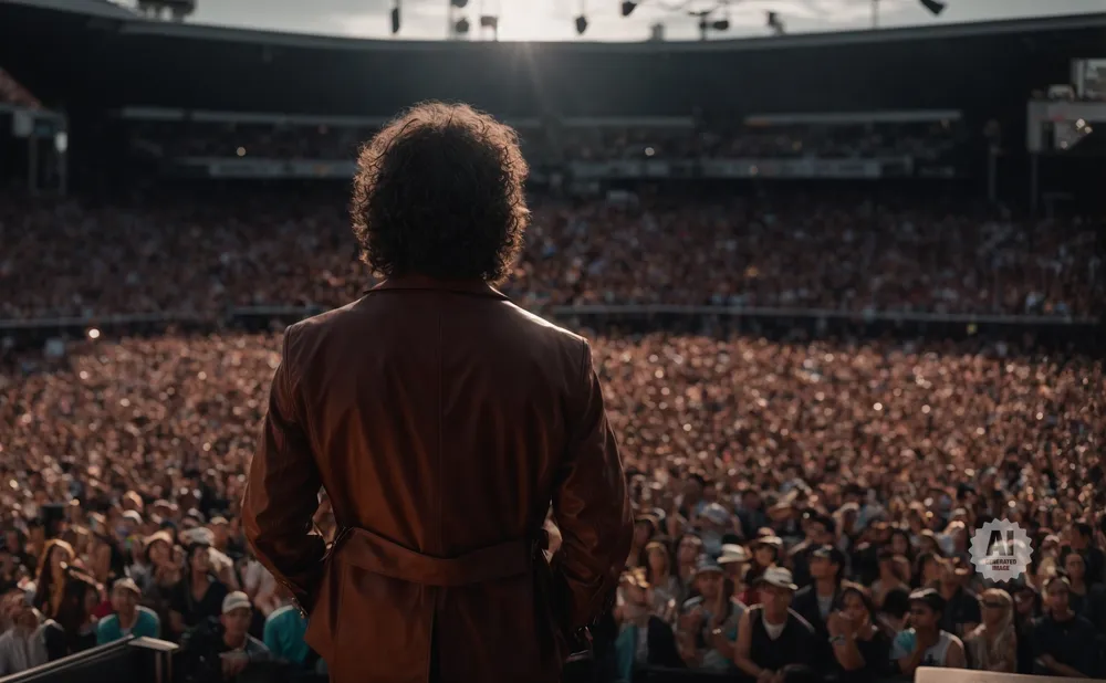 A performer in a maroon jacket faces a cheering crowd at a stadium concert.