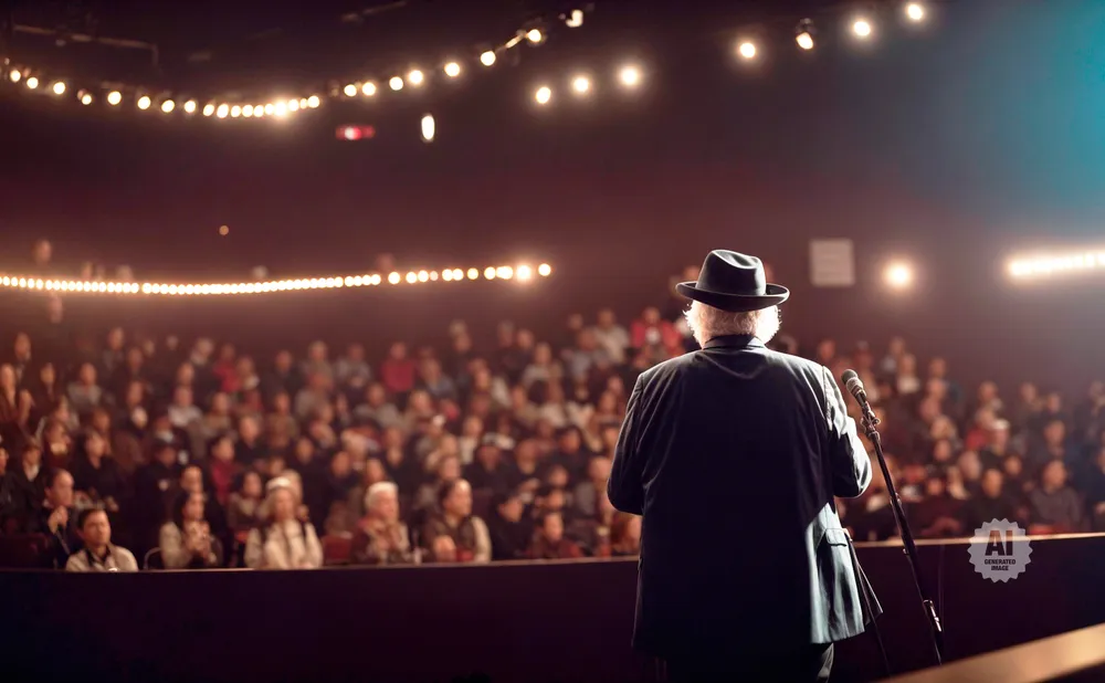 An older man in a hat speaks to a seated audience in a dimly lit theater.