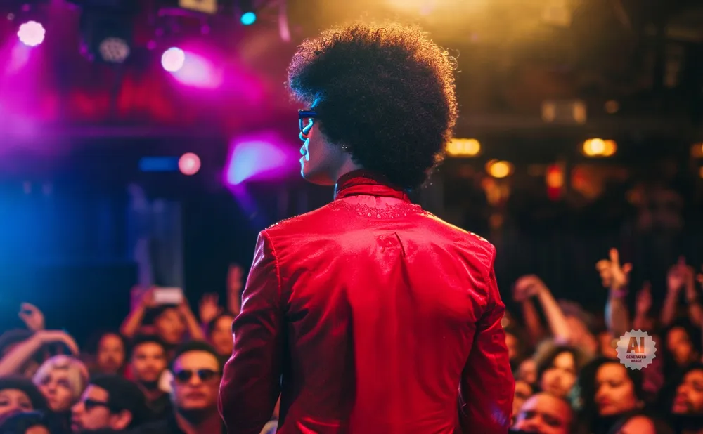 A person with an afro in a red jacket on stage, facing away from the camera, with a crowd in the background.