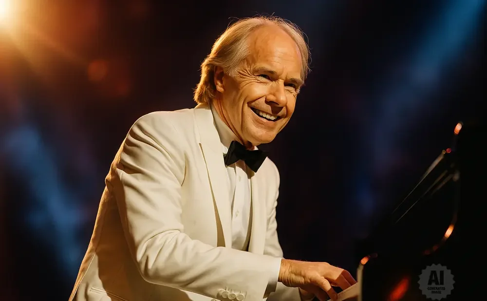 A smiling man in a white suit and black bow tie plays a piano.