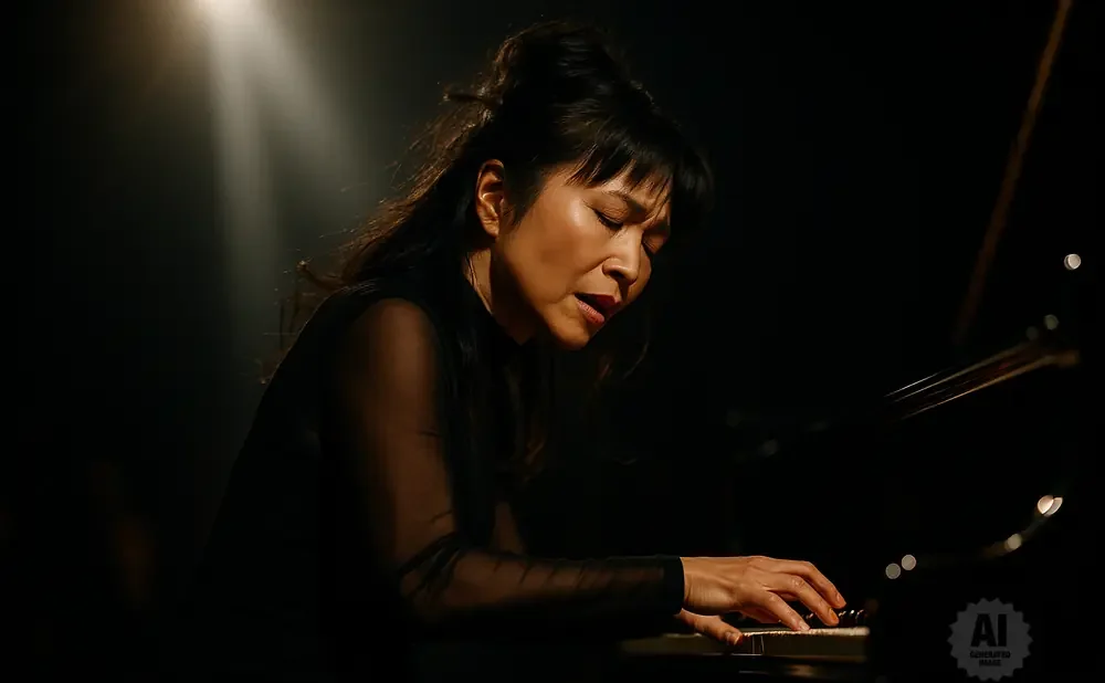 Woman playing a piano in dramatic lighting.