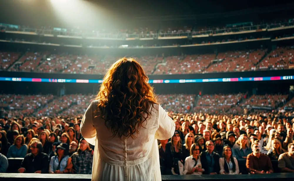 A woman with long, curly red hair on stage faces a large, cheering crowd in a stadium.