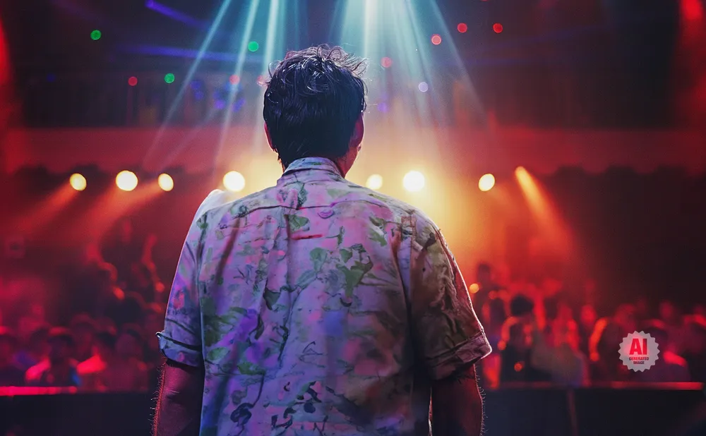 Man in a floral shirt on stage with bright lights and a crowd in the background.