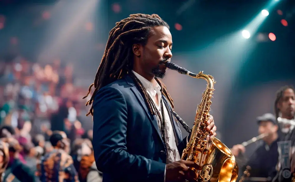 A man with dreadlocks plays a saxophone on stage in front of a blurry audience.