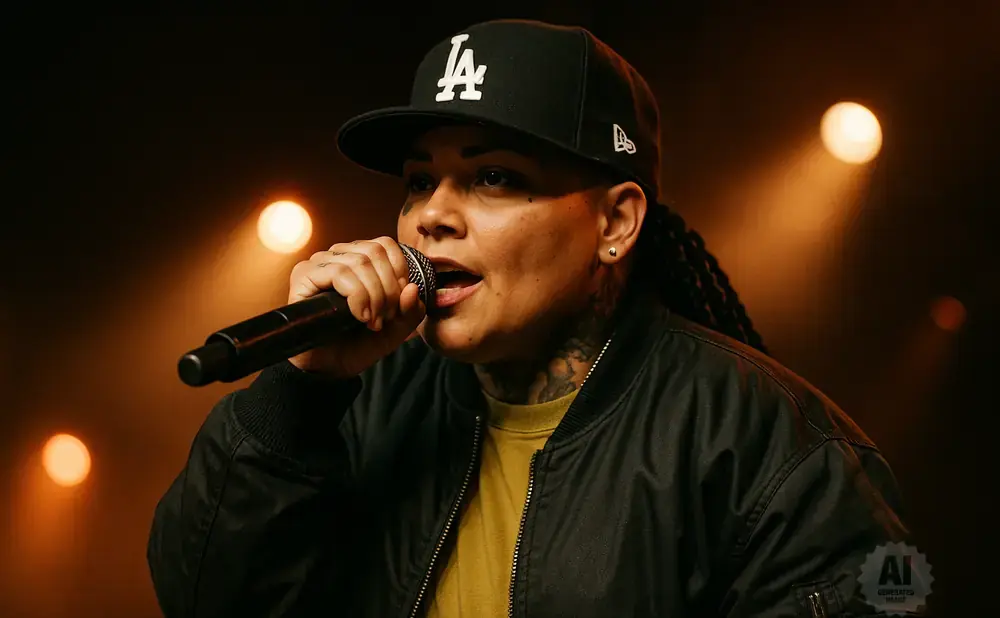 A rapper in a black LA Dodgers cap and jacket performs into a microphone on a dimly lit stage.