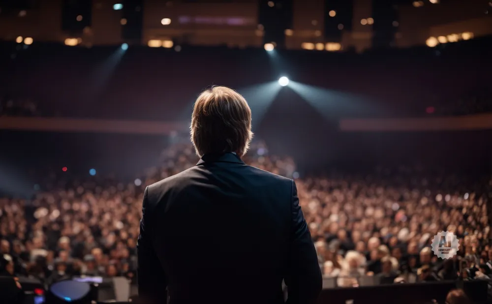 A man in a suit stands on stage facing a large, cheering audience.