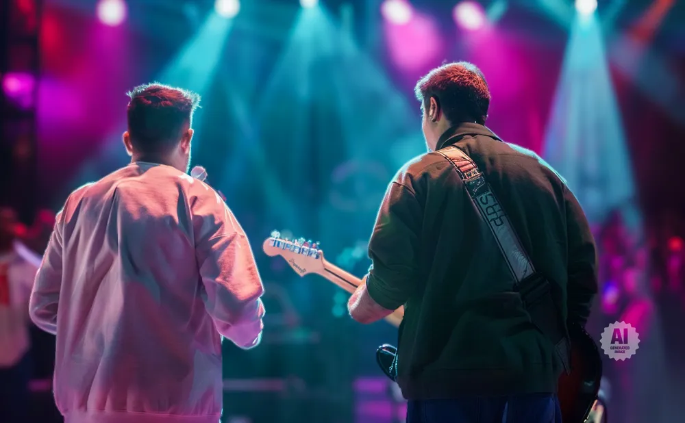 Two men on stage, one singing into a microphone, the other playing a guitar.