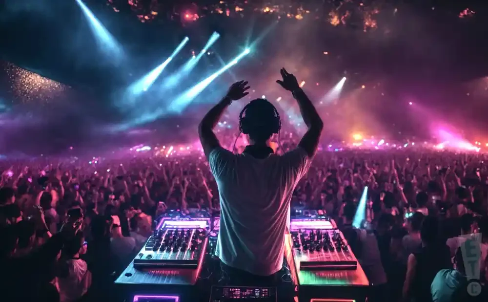 DJ with hands raised playing to a large, cheering crowd at a concert with vibrant stage lighting.