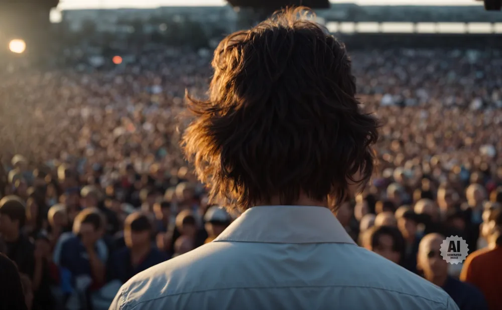 Man with long, brown hair faces a large, blurry crowd at an outdoor event during sunset.