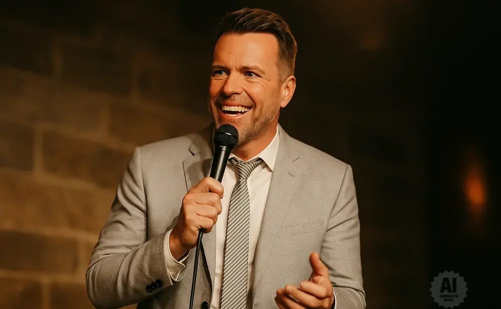 A man in a light gray suit and striped tie holds a microphone and laughs while speaking on stage.
