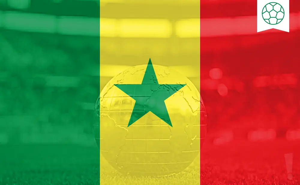 Senegal's flag with a globe and green star, and a soccer ball icon.