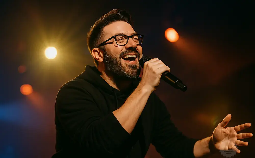 Man with beard and glasses singing into a microphone on a dimly lit stage.