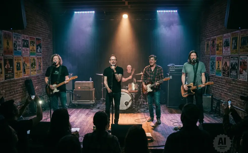 A band performs on a brick stage lit by spotlights, with posters on the walls and an audience in the foreground.