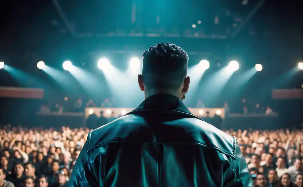 A performer in a leather jacket faces a cheering crowd under bright stage lights.