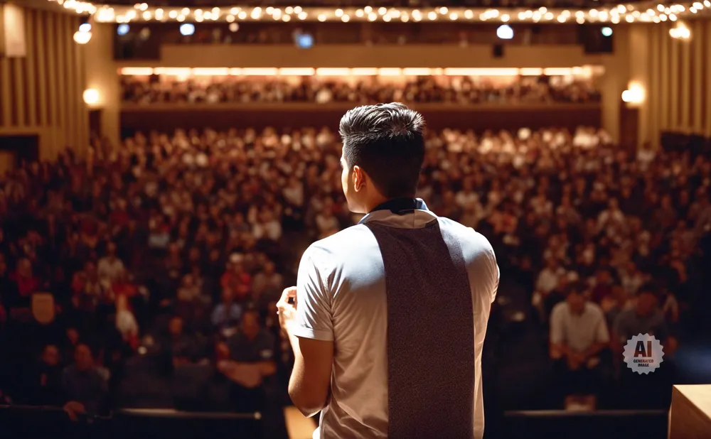 Man on stage, back to camera, speaking to a large audience in a theater.