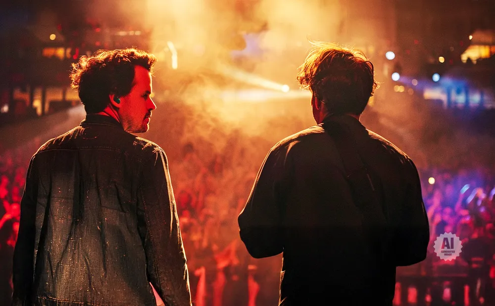 Two men on stage facing away from the camera, with a crowd in the background under colorful stage lights.