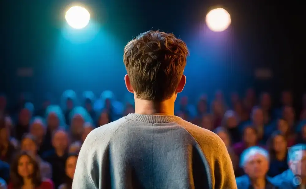 Back of a man's head facing a blurred audience, illuminated by stage lights.