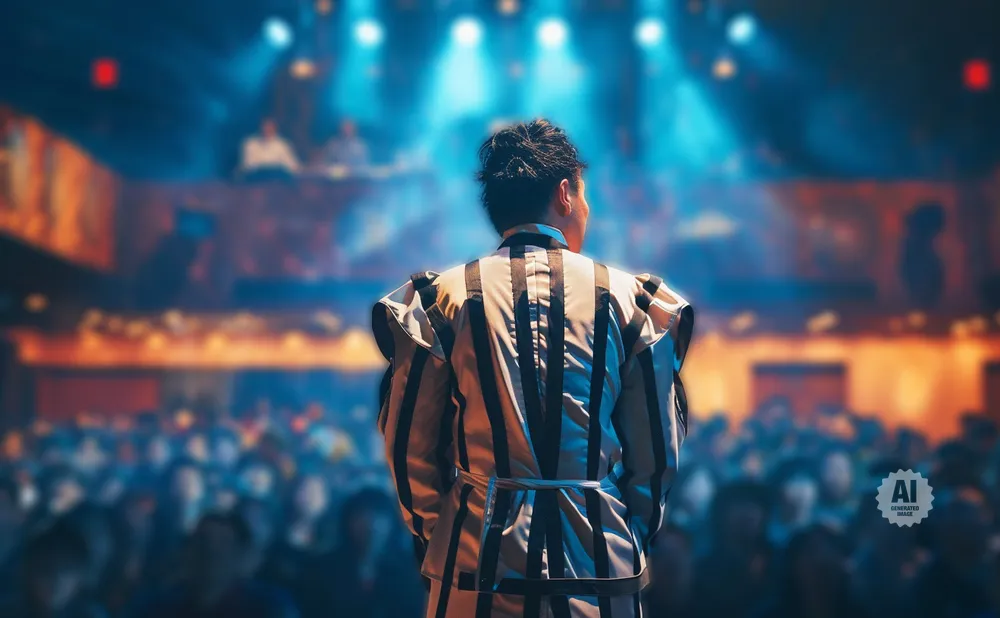 Back view of a person in a striped costume standing on a stage with a blurred audience in front.
