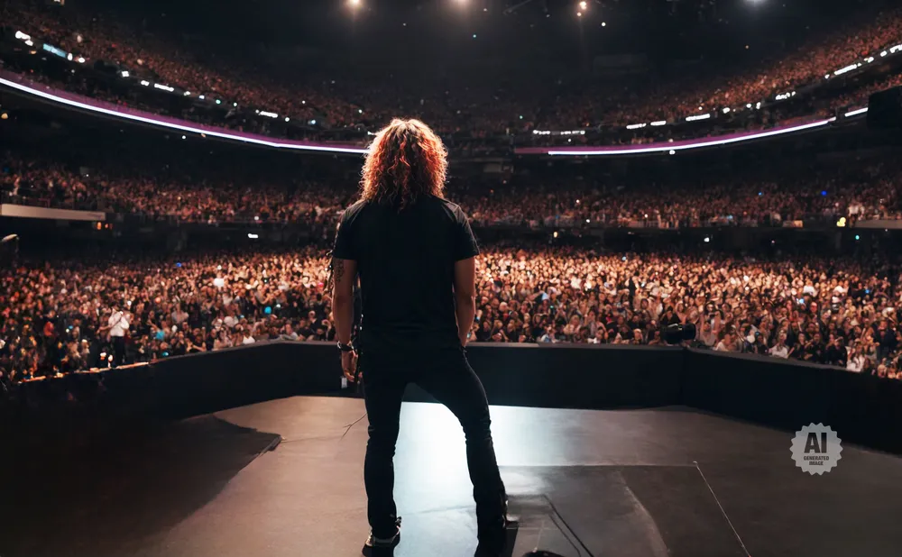 A musician with long, curly red hair stands on stage facing a massive, cheering crowd in a stadium.