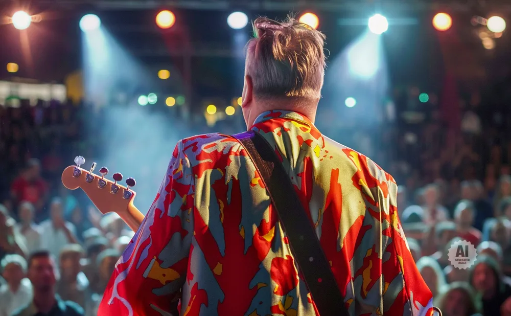 A guitarist in a colorful shirt plays on stage in front of a blurred crowd.