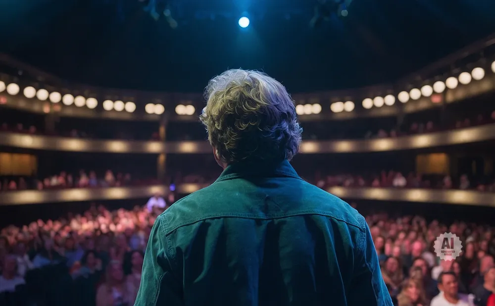 A man with curly hair on a stage faces a large audience in a theater.