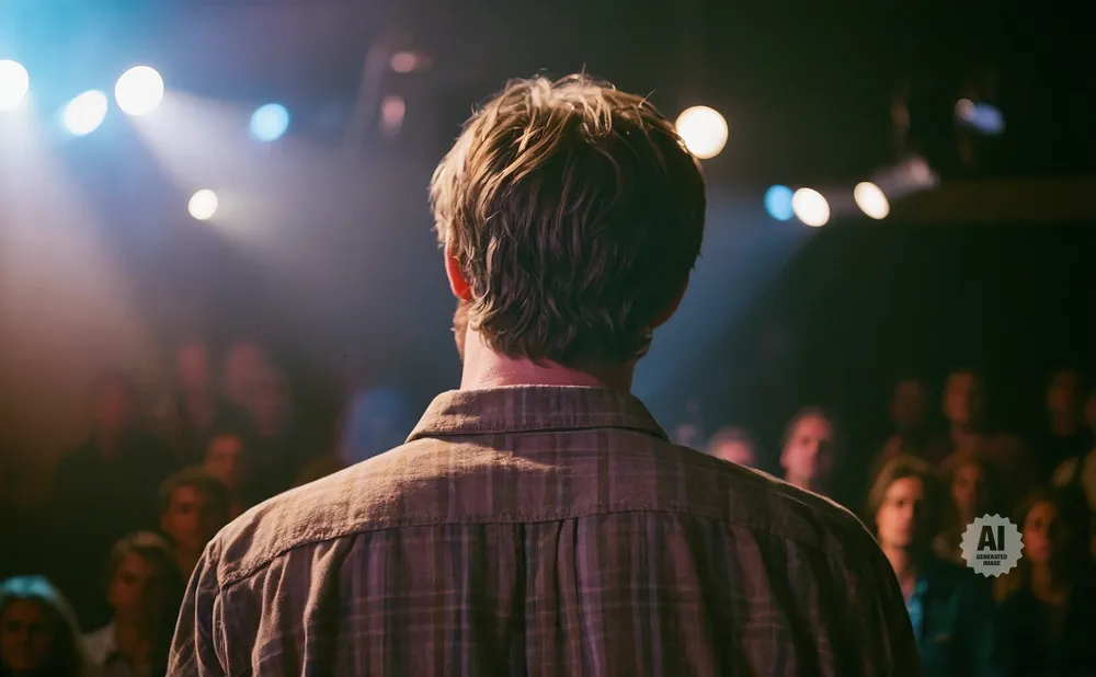Man in plaid shirt facing away from camera, speaking to a crowd under stage lights.