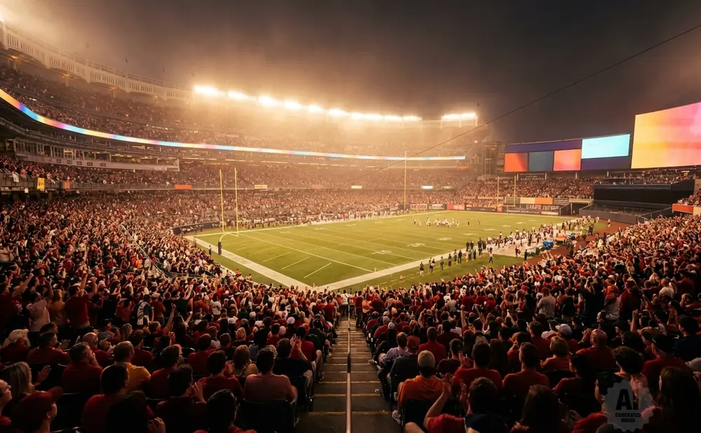 A packed football stadium with players on the field under bright lights, fans in the stands, and a large screen showing colorful images.