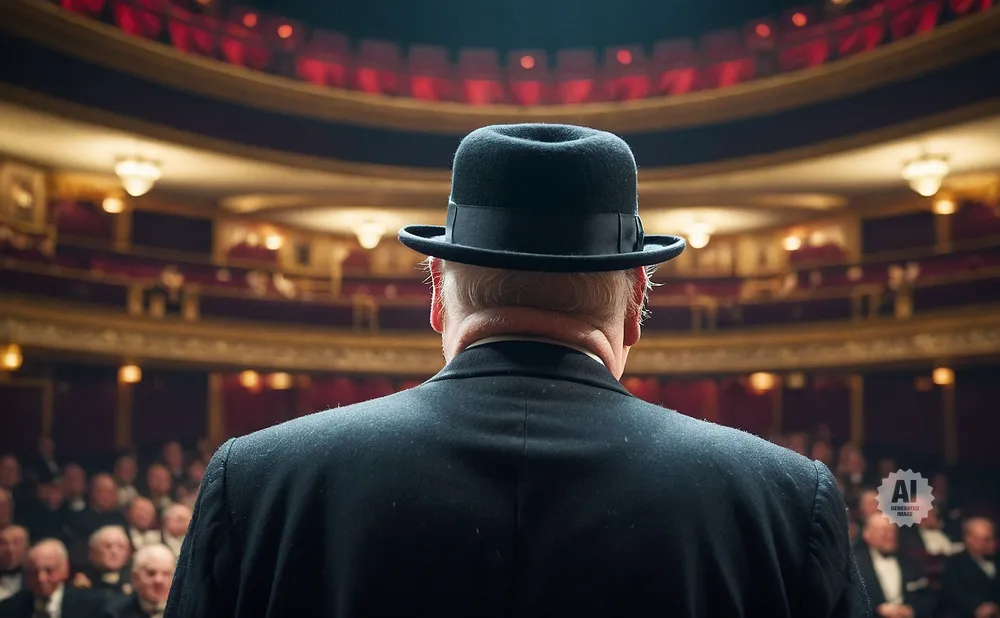 A man in a bowler hat and suit faces away from the camera, looking out at an audience in a grand theater.