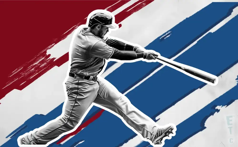 A baseball player in mid-swing against a red, white, and blue abstract background.
