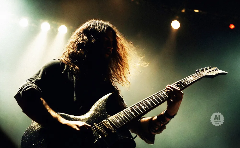 A guitarist with long hair plays a shimmering guitar on stage with spotlights.