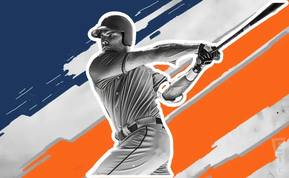 A baseball player swings a bat against a backdrop of orange and blue stripes.