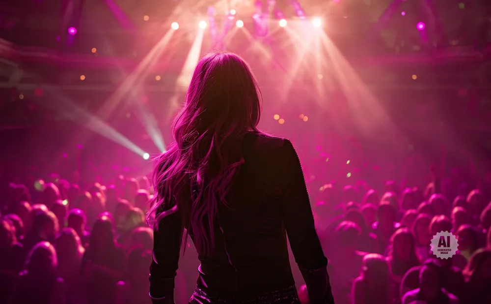 A performer with vibrant pink hair faces a cheering crowd under a wash of pink stage lights.